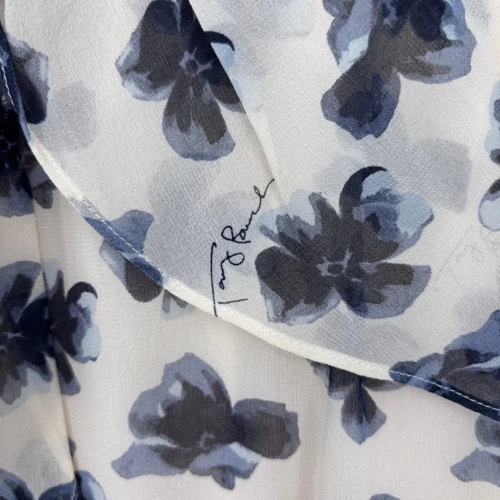Tory Burch Cecilia Floral Pleated Dress Sz 2 Blue Cream A-Line Bow‎ Neck Chiffon